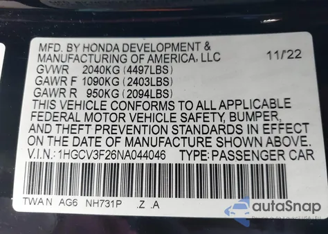 2022 Honda Accord Hybrid Sport z USA, uszkodzony, nr VIN 1HGCV3F26NA044046